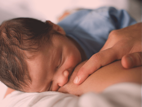Top view of a baby sucking on mother's breast